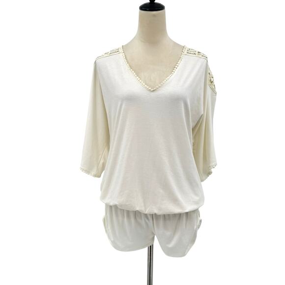 L Space Callisto White Crochet Shoulders Relaxed Top Scoop Back Romper Coverup - Picture 4 of 13